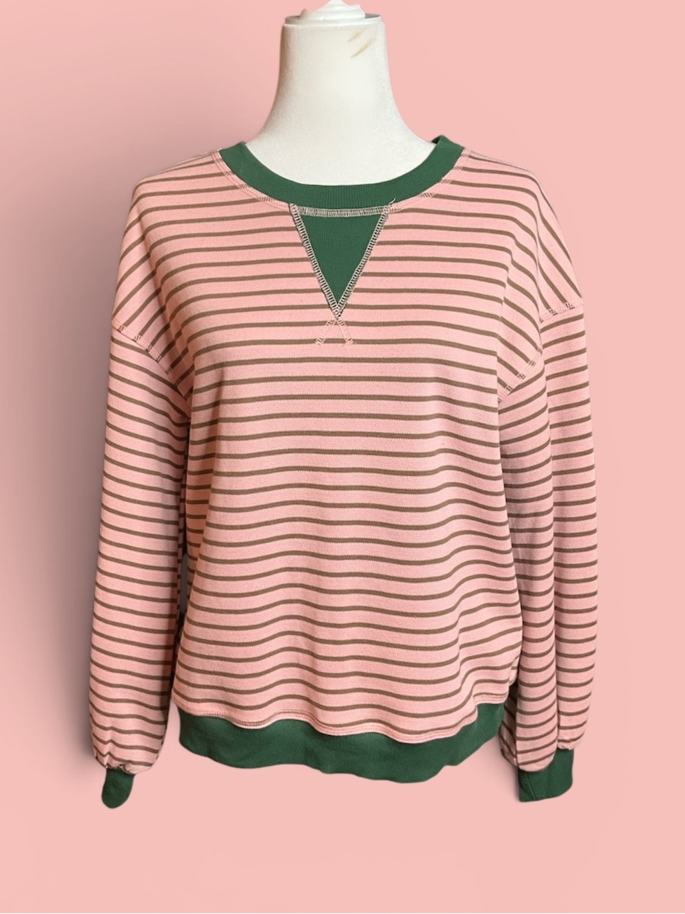entro Pink Striped Sweatshirt with Forest Green Trim, size S - Picture 2 of 5